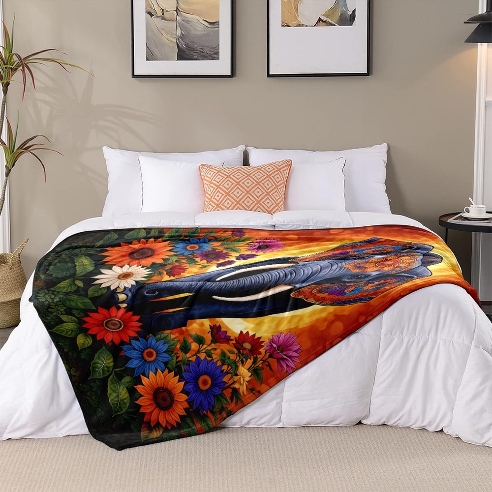 Bohemian Flower Elephant Throw Blanket 50x60 - Picture 4 of 5